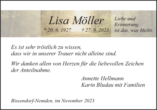 Traueranzeige von Lisa Möller von Neue Osnabrücker Zeitung GmbH & Co. KG