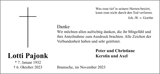 Traueranzeige von Lotti Pajonk von Neue Osnabrücker Zeitung GmbH & Co. KG