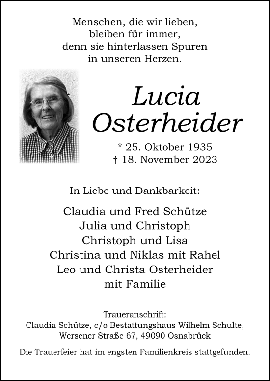 Traueranzeige von Lucia Osterheider von Neue Osnabrücker Zeitung GmbH & Co. KG