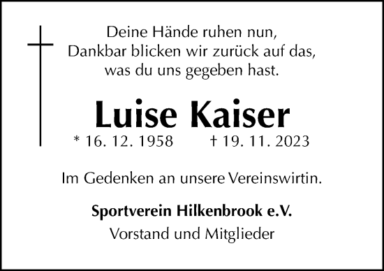 Traueranzeige von Luise Kaiser von Neue Osnabrücker Zeitung GmbH & Co. KG