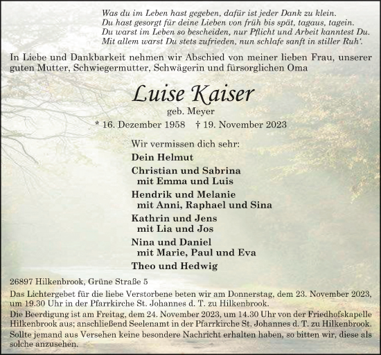 Traueranzeige von Luise Kaiser von Neue Osnabrücker Zeitung GmbH & Co. KG
