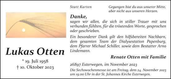 Traueranzeige von Lukas Otten von Neue Osnabrücker Zeitung GmbH & Co. KG