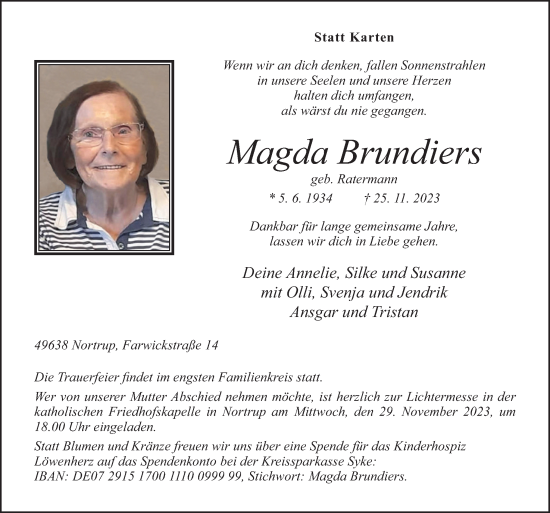 Traueranzeige von Magda Brundiers von Neue Osnabrücker Zeitung GmbH & Co. KG