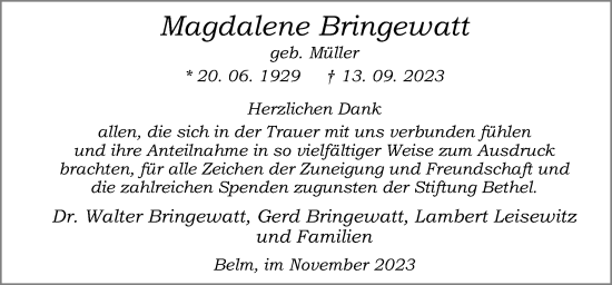 Traueranzeige von Magdalene Bringewatt von Neue Osnabrücker Zeitung GmbH & Co. KG