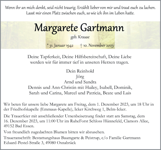 Traueranzeige von Margarete Gartmann von Neue Osnabrücker Zeitung GmbH & Co. KG