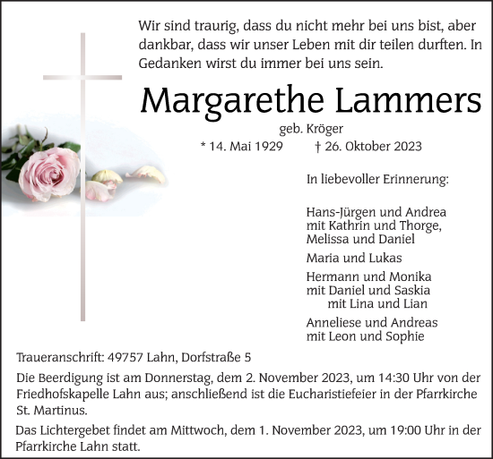 Traueranzeige von Margarethe Lammers von Neue Osnabrücker Zeitung GmbH & Co. KG