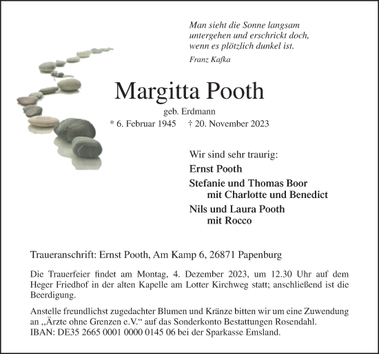 Traueranzeige von Margitta Pooth von Neue Osnabrücker Zeitung GmbH & Co. KG