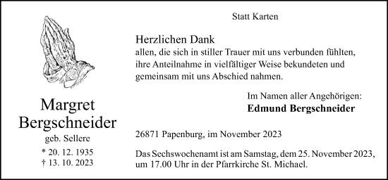 Traueranzeige von Margret Bergschneider von Neue Osnabrücker Zeitung GmbH & Co. KG