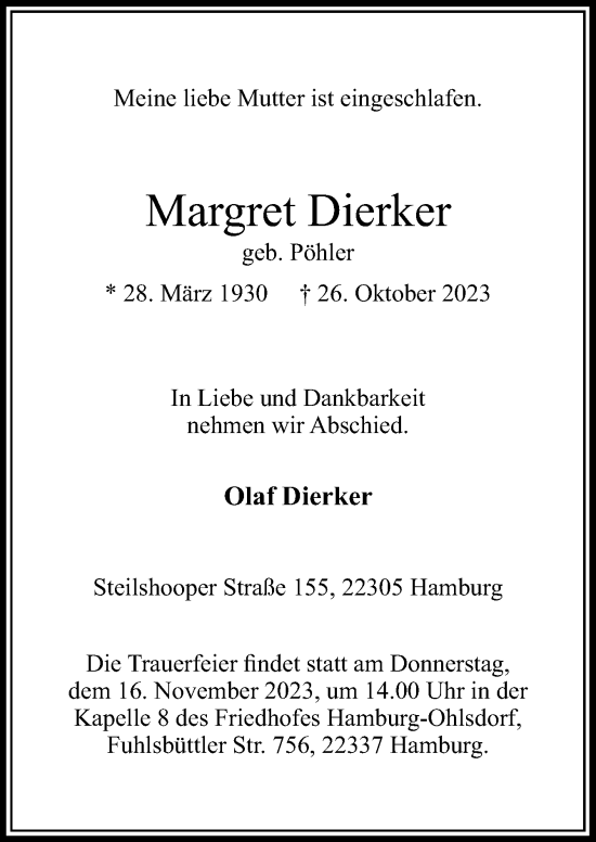 Traueranzeige von Margret Dierker von Neue Osnabrücker Zeitung GmbH & Co. KG