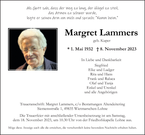 Traueranzeige von Margret Lammers von Neue Osnabrücker Zeitung GmbH & Co. KG