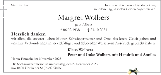 Traueranzeige von Margret Wolbers von Neue Osnabrücker Zeitung GmbH & Co. KG