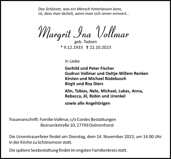 Traueranzeige von Margrit Ina Vollmar von DK Medien GmbH & Co. KG