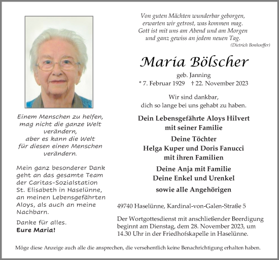 Traueranzeige von Maria Bölscher von Neue Osnabrücker Zeitung GmbH & Co. KG