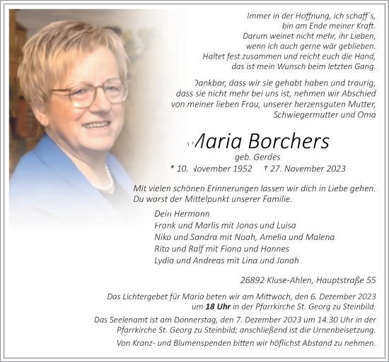 Traueranzeige von Maria Borchers von Neue Osnabrücker Zeitung GmbH & Co. KG