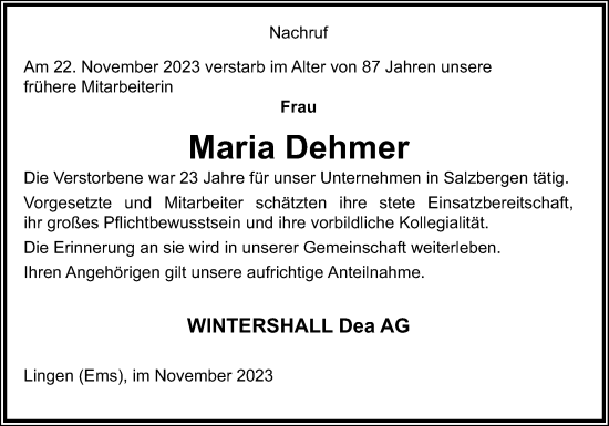 Traueranzeige von Maria Dehmer von Neue Osnabrücker Zeitung GmbH & Co. KG