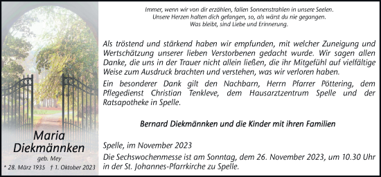 Traueranzeige von Maria Diekmännken von Neue Osnabrücker Zeitung GmbH & Co. KG