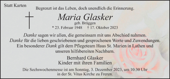 Traueranzeige von Maria Glasker von Neue Osnabrücker Zeitung GmbH & Co. KG
