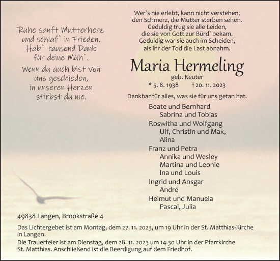 Traueranzeige von Maria Hermeling von Neue Osnabrücker Zeitung GmbH & Co. KG