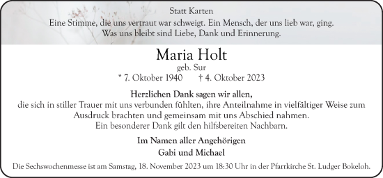 Traueranzeige von Maria Holt von Neue Osnabrücker Zeitung GmbH & Co. KG