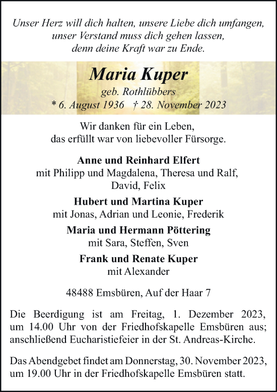 Traueranzeige von Maria Kuper von Neue Osnabrücker Zeitung GmbH & Co. KG