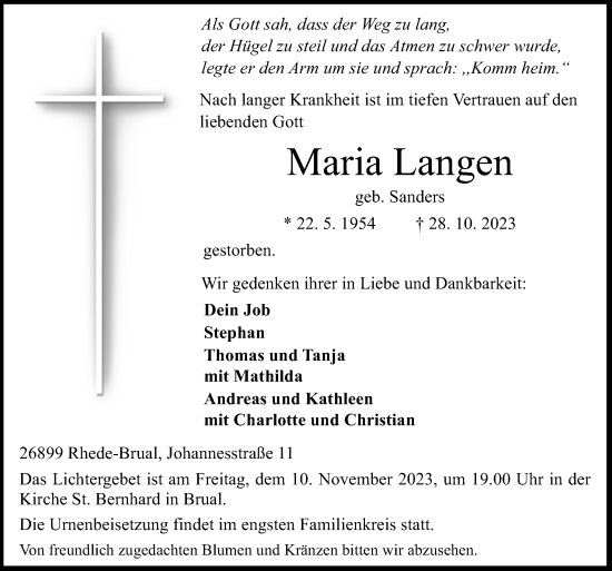 Traueranzeige von Maria Langen von Neue Osnabrücker Zeitung GmbH & Co. KG