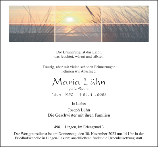 Traueranzeige von Maria Lühn von Neue Osnabrücker Zeitung GmbH & Co. KG