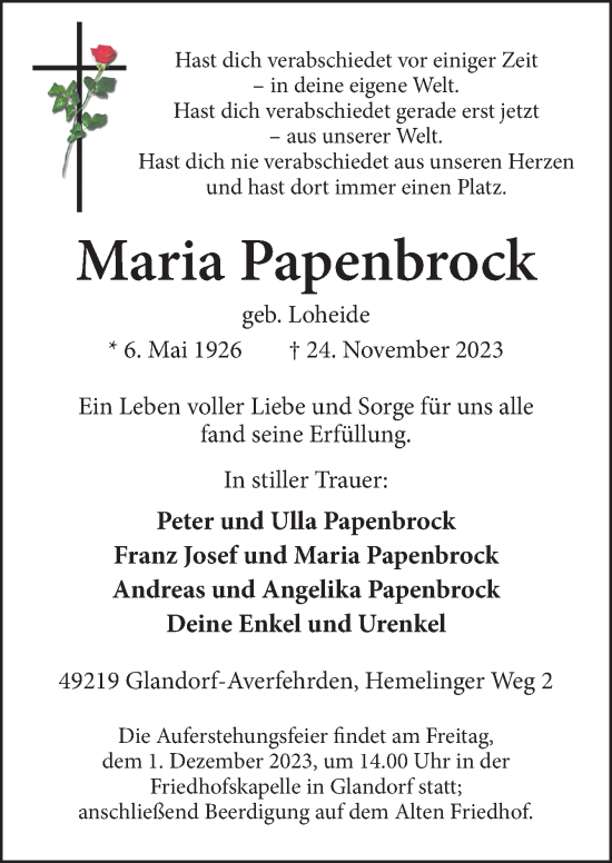 Traueranzeige von Maria Papenbrock von Neue Osnabrücker Zeitung GmbH & Co. KG
