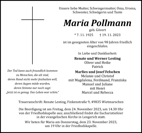 Traueranzeige von Maria Pollmann von Neue Osnabrücker Zeitung GmbH & Co. KG