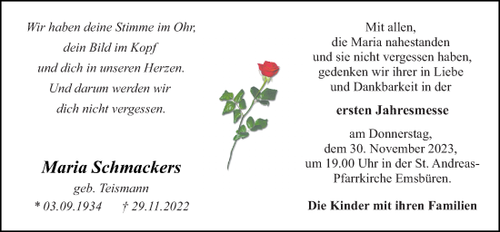 Traueranzeige von Maria Schmackers von Neue Osnabrücker Zeitung GmbH & Co. KG