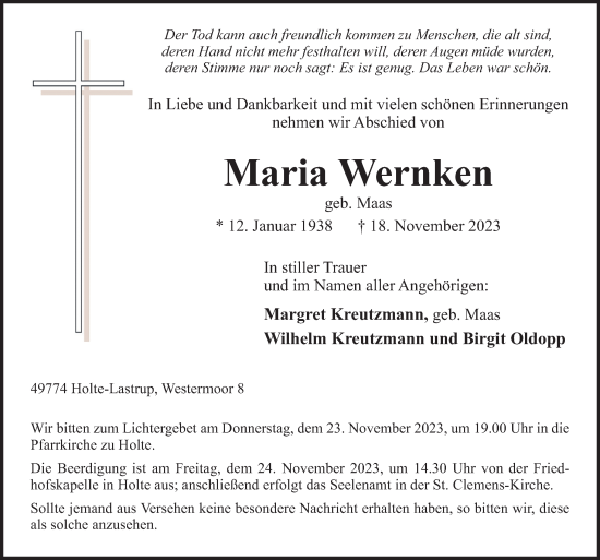 Traueranzeige von Maria Wernken von Neue Osnabrücker Zeitung GmbH & Co. KG