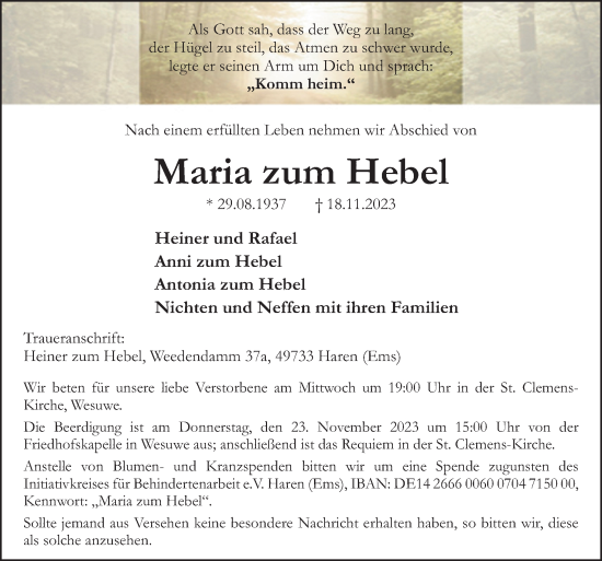 Traueranzeige von Maria zum Hebel von Neue Osnabrücker Zeitung GmbH & Co. KG