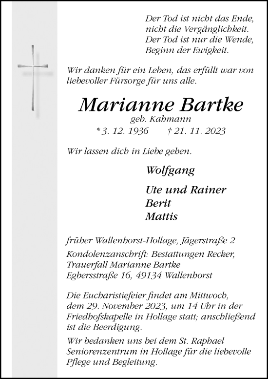 Traueranzeige von Marianne Bartke von Neue Osnabrücker Zeitung GmbH & Co. KG