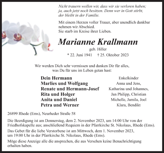 Traueranzeige von Marianne Krallmann von Neue Osnabrücker Zeitung GmbH & Co. KG