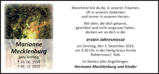 Traueranzeige von Marianne Mecklenburg von Neue Osnabrücker Zeitung GmbH & Co. KG