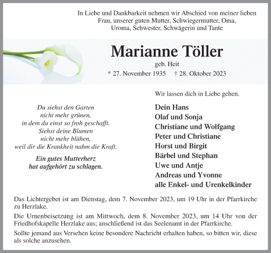 Traueranzeige von Marianne Töller von Neue Osnabrücker Zeitung GmbH & Co. KG