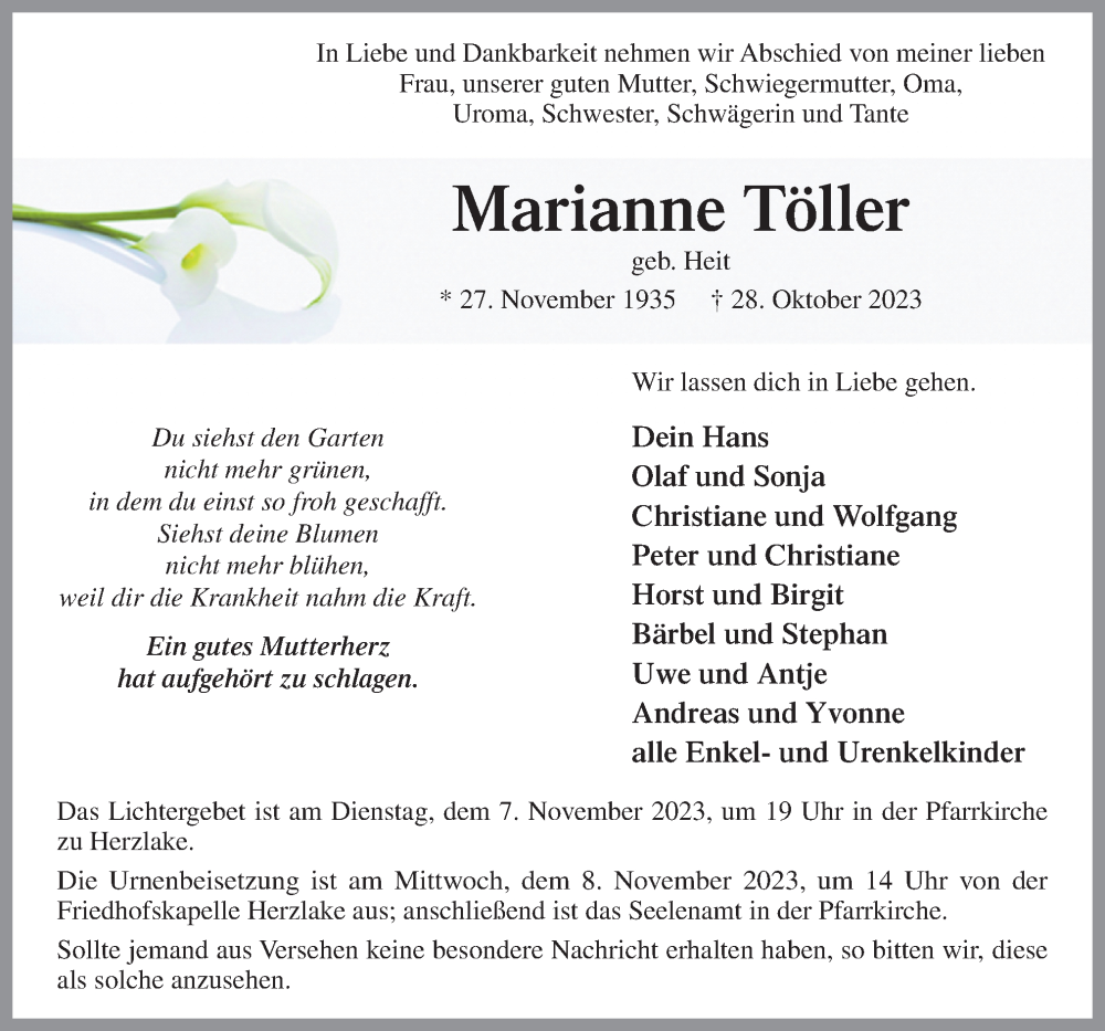  Traueranzeige für Marianne Töller vom 04.11.2023 aus Neue Osnabrücker Zeitung GmbH & Co. KG