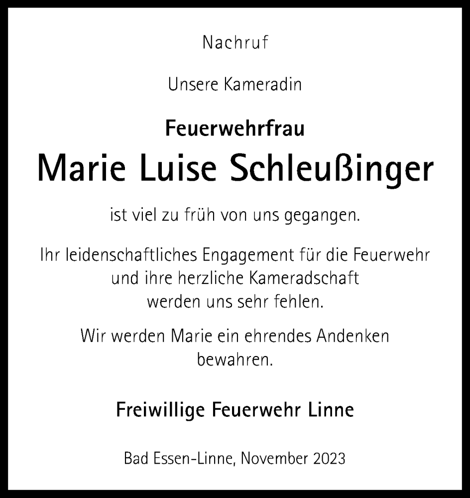  Traueranzeige für Marie Luise Schleußinger vom 16.11.2023 aus Neue Osnabrücker Zeitung GmbH & Co. KG