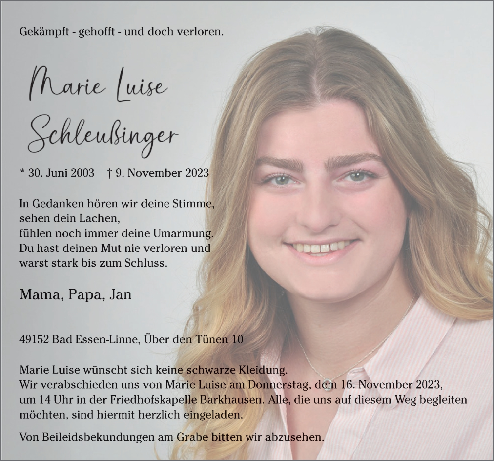  Traueranzeige für Marie Luise Schleußinger vom 13.11.2023 aus Neue Osnabrücker Zeitung GmbH & Co. KG