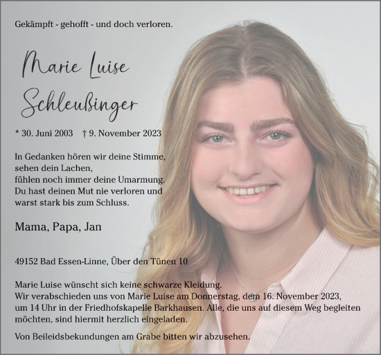 Traueranzeigen Von Marie Luise Schleußinger Noz Trauerportal