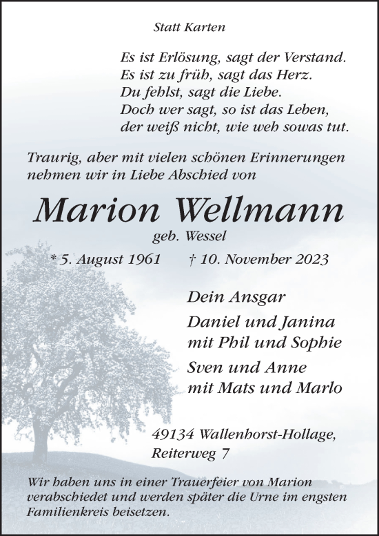 Traueranzeige von Marion Wellmann von Neue Osnabrücker Zeitung GmbH & Co. KG