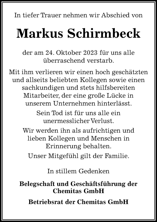 Traueranzeige von Markus Schirmbeck von Neue Osnabrücker Zeitung GmbH & Co. KG