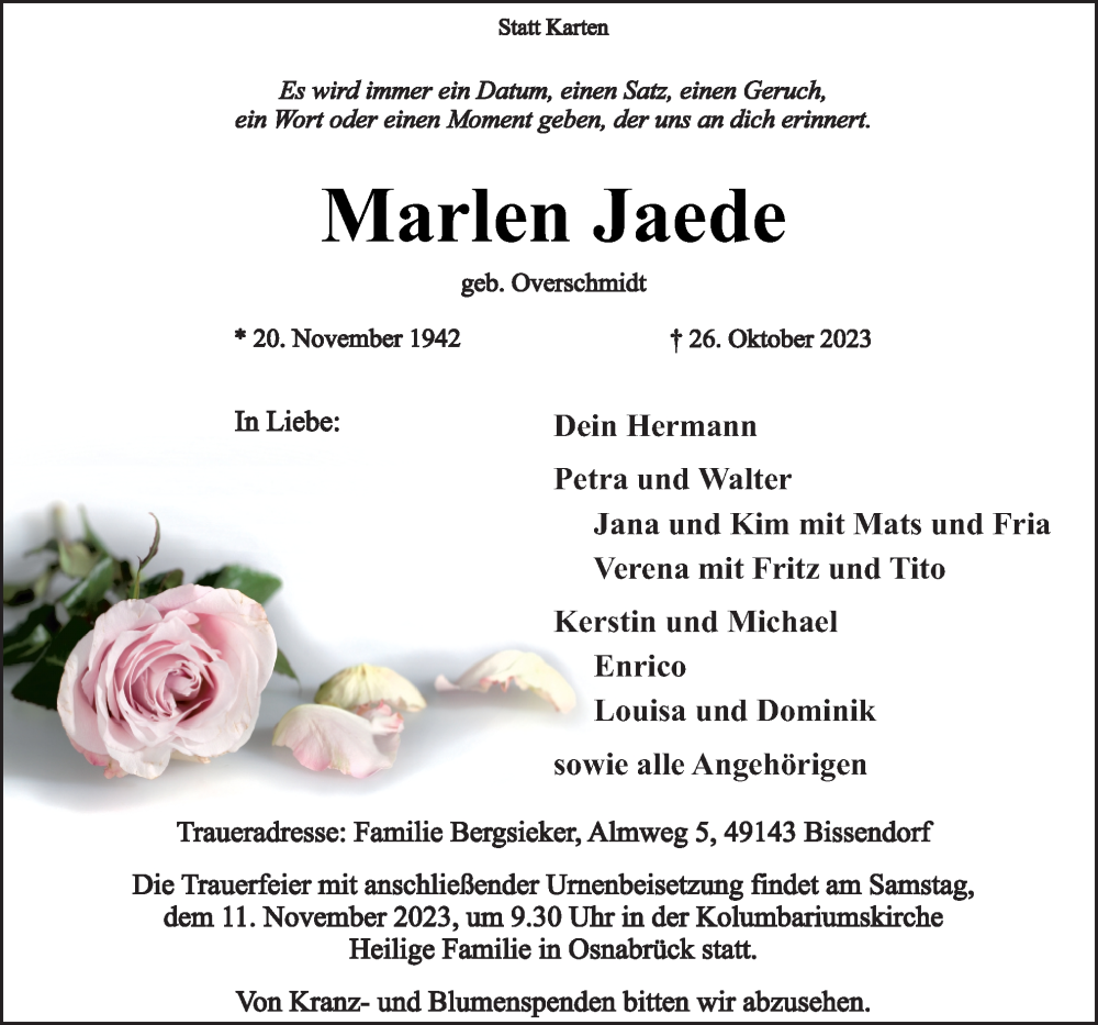  Traueranzeige für Marlen Jaede vom 04.11.2023 aus Neue Osnabrücker Zeitung GmbH & Co. KG