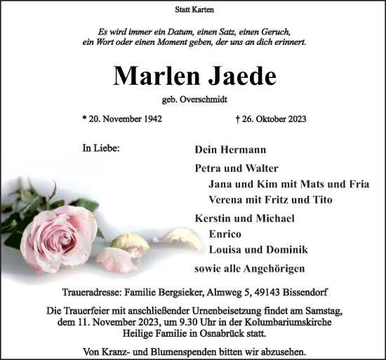 Traueranzeige von Marlen Jaede von Neue Osnabrücker Zeitung GmbH & Co. KG