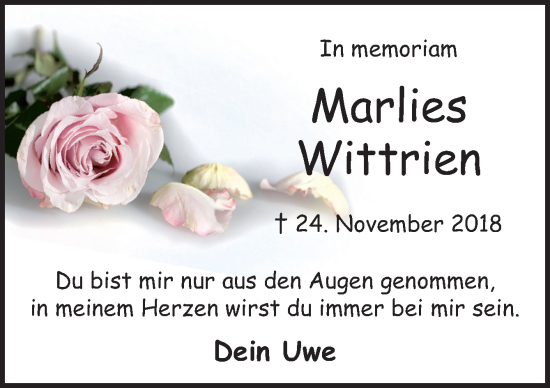 Traueranzeige von Marlies Wittrien von DK Medien GmbH & Co. KG