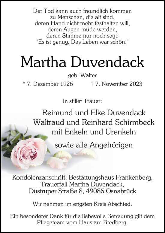 Traueranzeige von Martha Duvendack von Neue Osnabrücker Zeitung GmbH & Co. KG