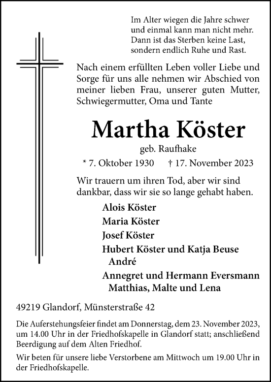 Traueranzeige von Martha Köster von Neue Osnabrücker Zeitung GmbH & Co. KG