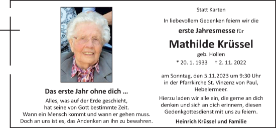 Traueranzeige von Mathilde Krüssel von Neue Osnabrücker Zeitung GmbH & Co. KG