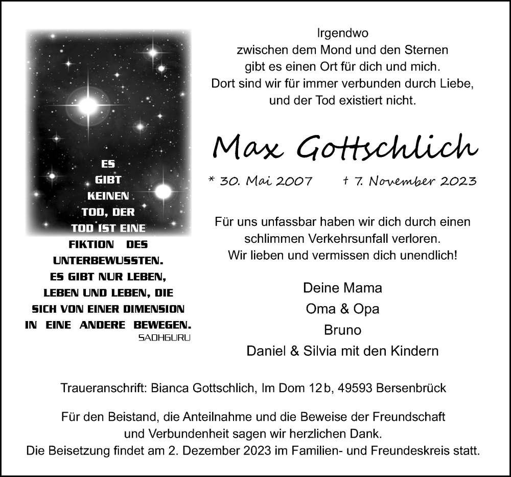  Traueranzeige für Max Gottschlich vom 25.11.2023 aus Neue Osnabrücker Zeitung GmbH & Co. KG