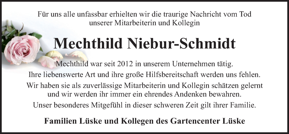  Traueranzeige für Mechthild Niebur-Schmidt vom 23.11.2023 aus Neue Osnabrücker Zeitung GmbH & Co. KG