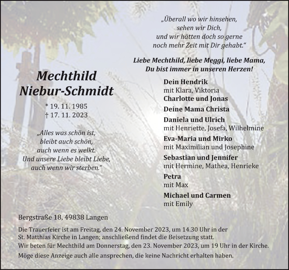  Traueranzeige für Mechthild Niebur-Schmidt vom 20.11.2023 aus Neue Osnabrücker Zeitung GmbH & Co. KG